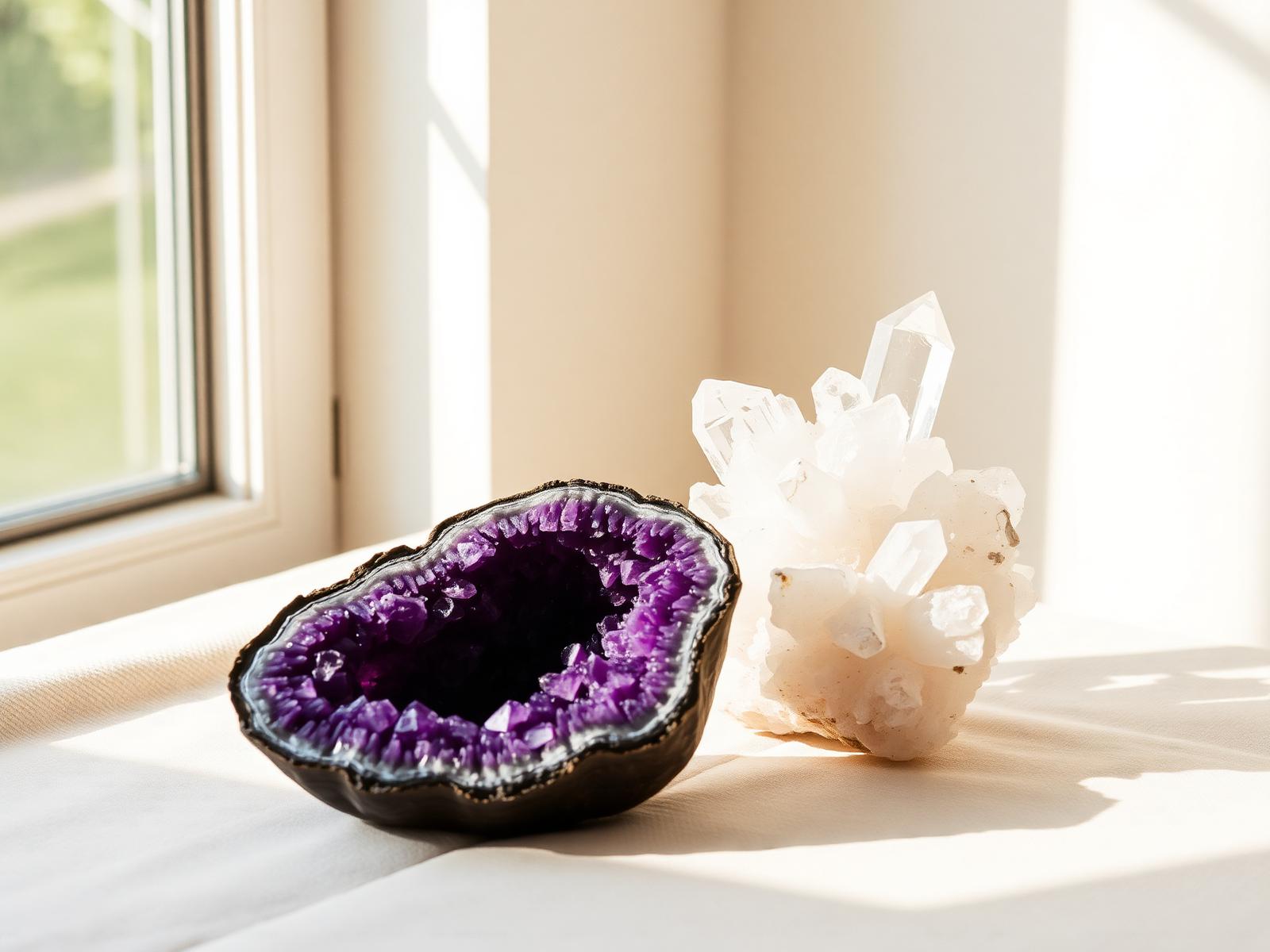Amethyst geode and clear quartz cluster in warm natural light